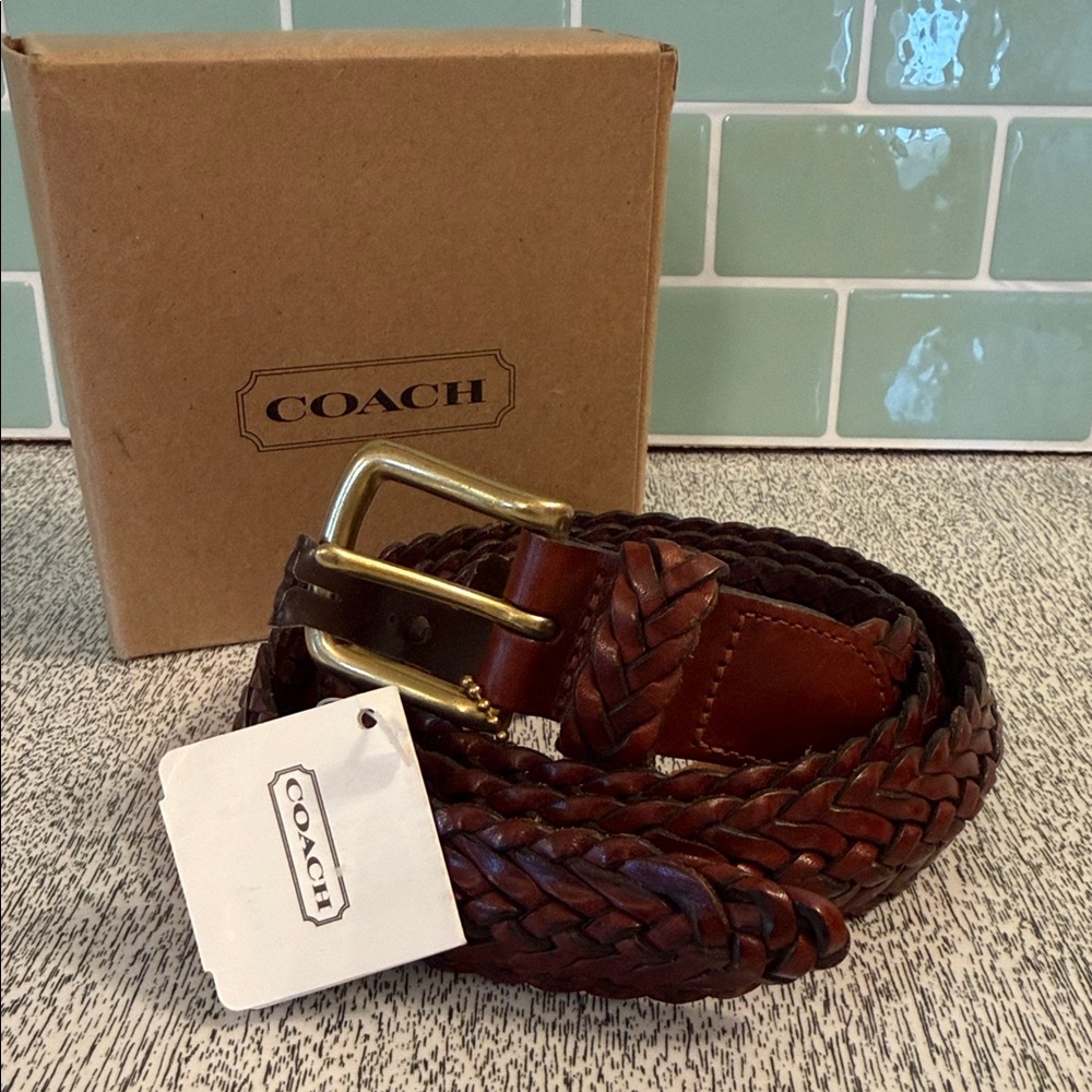 Coach Men's Braided Leather Belt #3863, NWT, Tan/Camel with Brass Buckle, Sz40